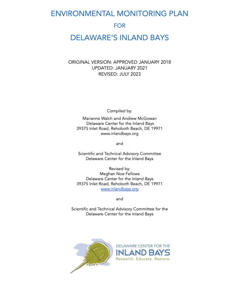 a white sheet with the words environmental monitoring plan for delaware's inland bays